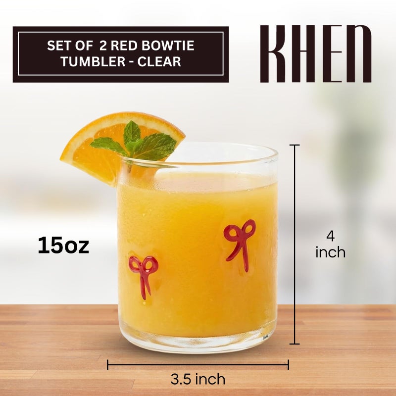 Khen 2 Pack Coquette Bow Icon Juice Glass Coquette Bow Aesthetic Cup 15 ounce Double Old Fashioned Icon Handblown Cocktail glasses for Women Friend Party, Bridal Shower Gifts (Red) - Image 2