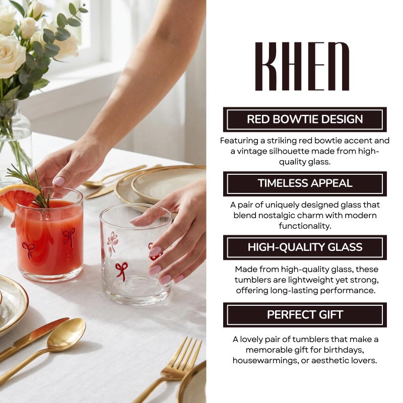 Khen 2 Pack Coquette Bow Icon Juice Glass Coquette Bow Aesthetic Cup 15 ounce Double Old Fashioned Icon Handblown Cocktail glasses for Women Friend Party, Bridal Shower Gifts (Red) - Image 5