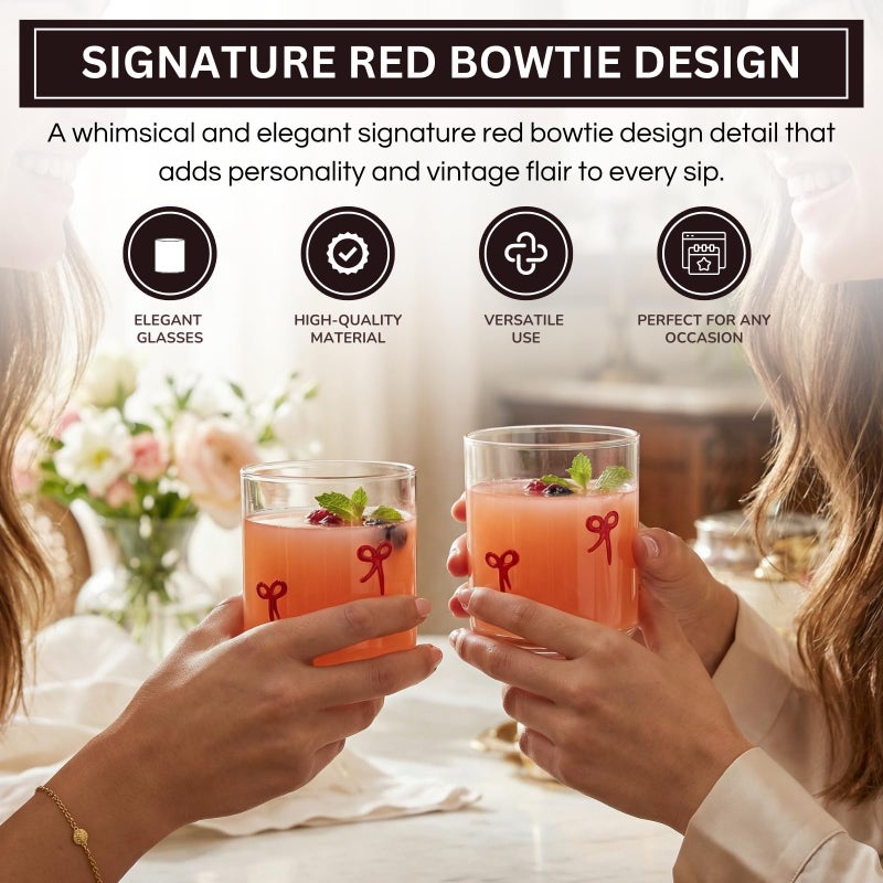 Khen 2 Pack Coquette Bow Icon Juice Glass Coquette Bow Aesthetic Cup 15 ounce Double Old Fashioned Icon Handblown Cocktail glasses for Women Friend Party, Bridal Shower Gifts (Red) - Image 4