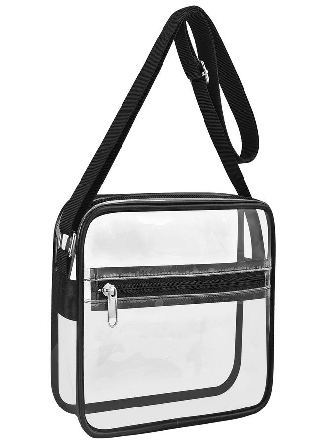 Clear Crossbody Messenger Shoulder Bag Stadium Approved for Women and Men, Clear Purse for Work Travel Concert and Sport Events-Black