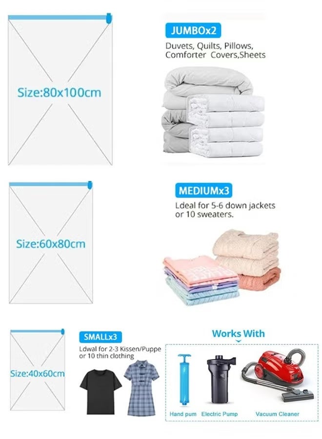 SKT Shiketro 8 Vacuum Storage bags, Space-saving, With Manual Pump, Reusable, Vacuum-sealed Storage Bags, Suitable For Bedding, Clothing, Curtains, Pillows (2 extra-large 100*80CM / 3 large 60*80CM / 3 medium 40*60CM) - Image 2
