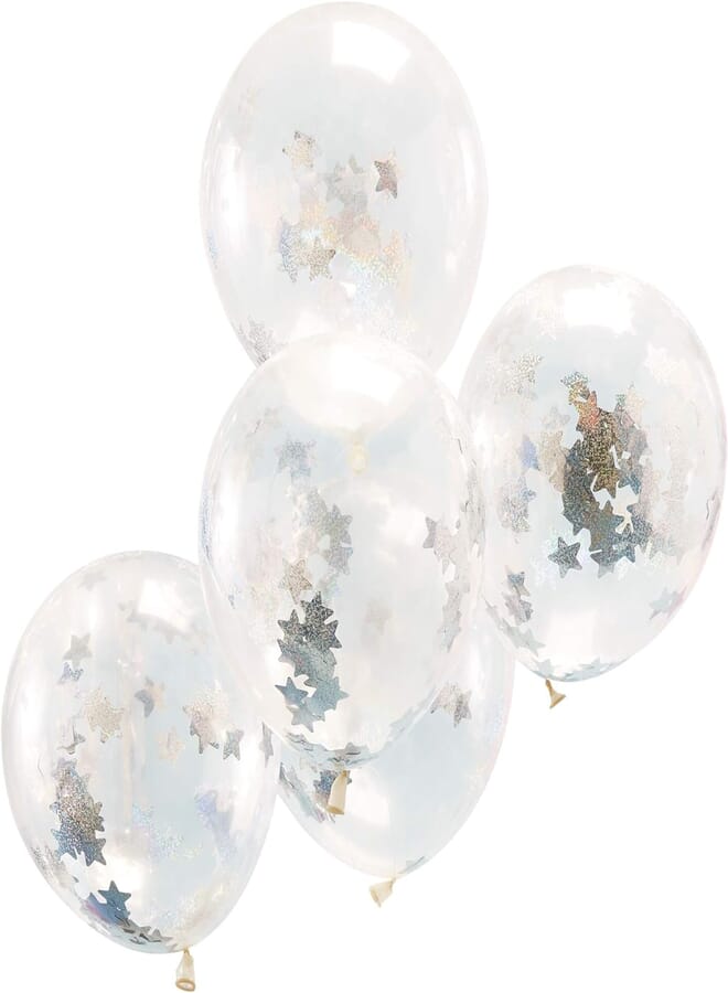 Ginger Ray Holographic Star Confetti Filled Clear Party Balloons Decorations 5 Pack, Iridescent