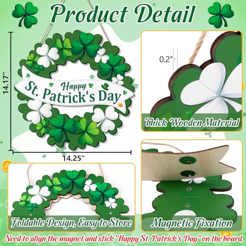 luck sea St Patrick’s Day Decorations Shamrock Wreaths for Front Door Decor - Welcome Foldable Sign with Magnetic for Irish March Home Wall Porch - Image 3