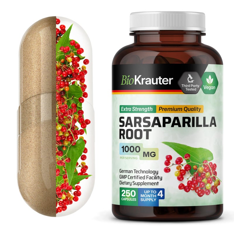 BIO KRAUTER BIO KRAUTER Sarsaparilla Root Capsules 1000 mg Strength 250 Vegan Sarsaparilla Extract Caps No Fillers 