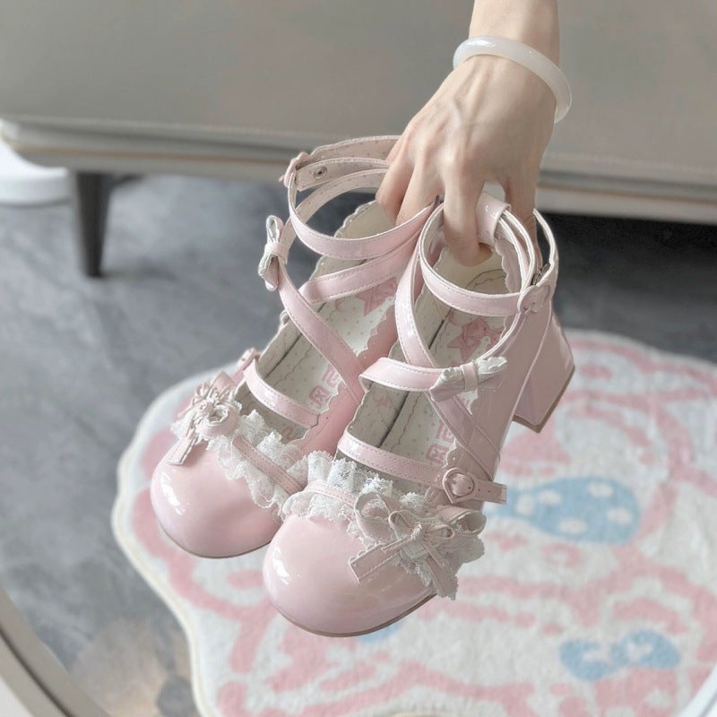 Red High Heels Cute Lo Shoes Lace Thick Heel Shoes Patent Leather Mary - Image 5