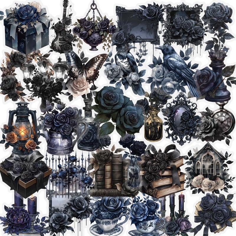 PIGBIT 56 Pcs Gothic Rose Stickers Pack â€“ Dark Victorian Aesthetic Scrapbooking Decals, Waterproof Clear Gothic Flowers & Vintage Objects for Journals, Planners, Art Crafts, Laptop Decoration - Image 1