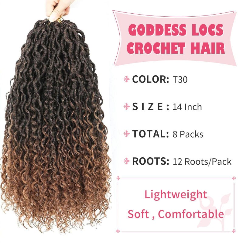Alicoco Goddess Locs Crochet Hair 14 Inch 8 Packs Faux Locs Crochet Hair For Women Boho Soft Locs Pre-looped River Crochet Locs With Curly Ends (14 Inch (Pack of 8), 1B/30) - Image 2
