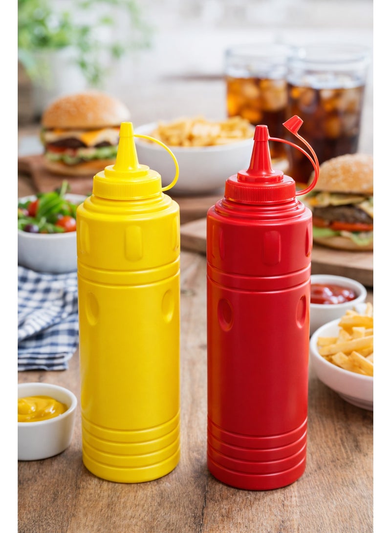 2-Piece Plastic Condiment Squeeze Bottle Dispenser Set for Ketchup & Mustard with Attached Cap and Ribbed Grip - Red/Yellow - Image 2