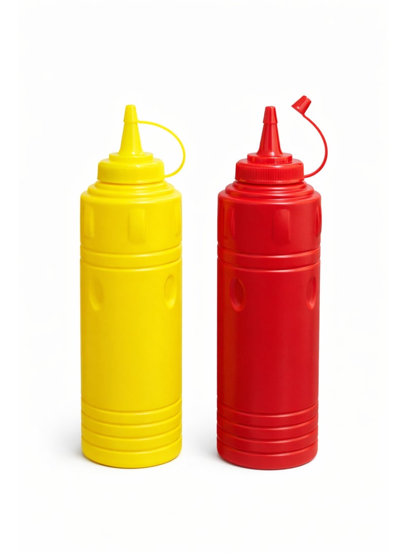 2-Piece Plastic Condiment Squeeze Bottle Dispenser Set for Ketchup & Mustard with Attached Cap and Ribbed Grip - Red/Yellow - Image 1