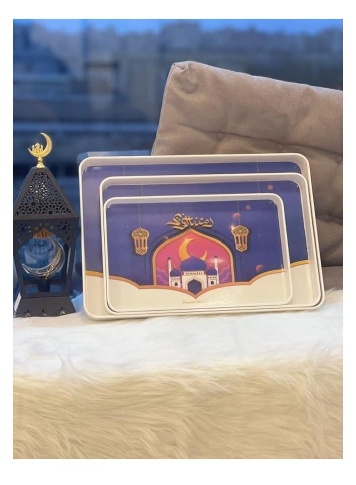 Spaceshoop Ramadan Kareem Decorative Serving Tray Set, 3 Pieces, White with Traditional Islamic Design (Multi Shape and Color)