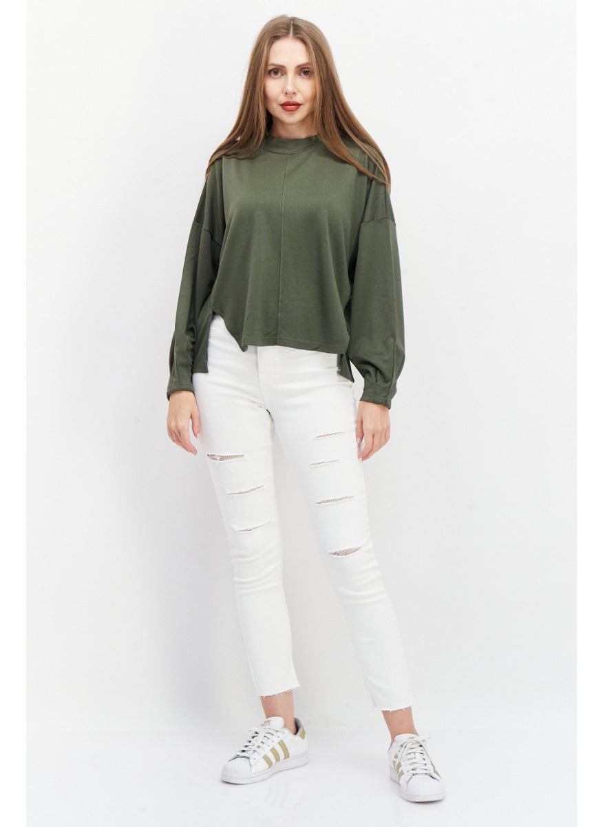French Connection - Women Mock Neck Long Sleeve Plain Top, Khaki - Image 1