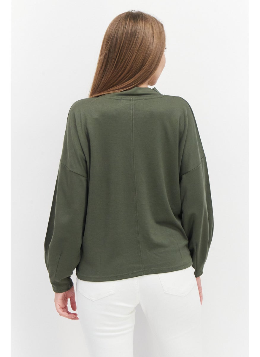 French Connection - Women Mock Neck Long Sleeve Plain Top, Khaki - Image 1