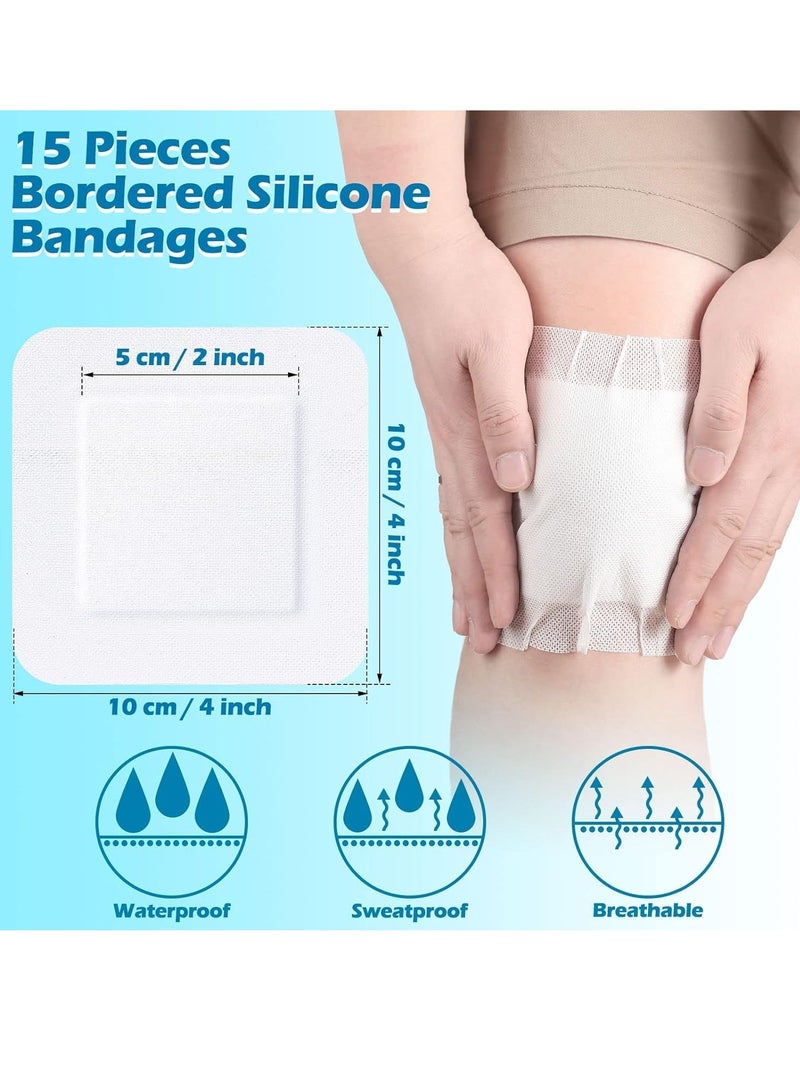 ماركة غير محددة 15 Pieces Bordered Gauze-Island Dressing Wound Bandage Sterile Adhesive Gauze Pads Patches Post Shower Breathable Borders Individually Packed Pouches Tapes (4 x 4 Inch)  - Image 2