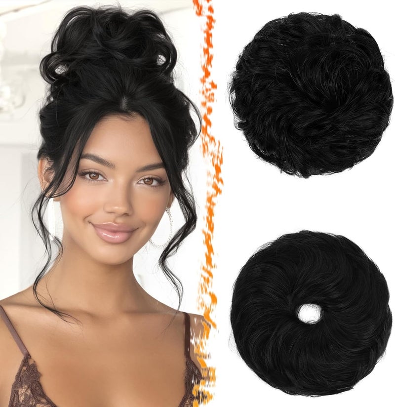 BARSDAR 2 Pieces Messy Bun Hairpiece with Elastic Band, Hair Bun Hair Scrunchie Extensions for Women Synthetic Hair Updo Hairstyles Thick Hair Bun Hair Extensions Hairpieces Daily - Jet Black - Image 1