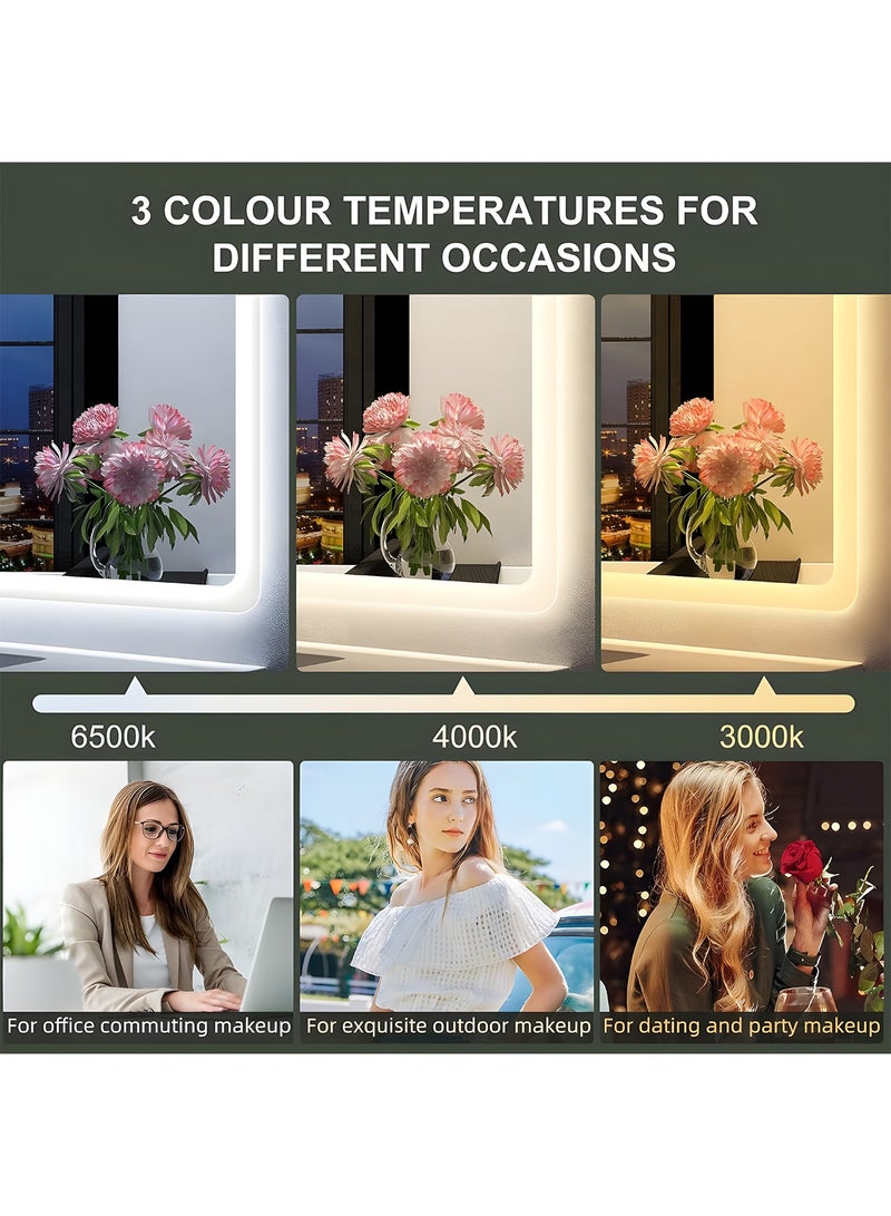 تايمي مرآة حائط 60×40 سم - مرآة بتصميم أنيق مع 3 مستويات إضاءة جانبية - مرآة مكياج لغرفة الملابس وغرفة المعيشة والكونسول والمدخل - Image 4