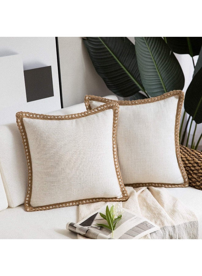 Phantoscope Pack of 2 Farmhouse Decorative Solid Throw Decorative Pillow Cover Burlap Linen Trimmed Tailored Edges Off White 20 x 20 inches 50 x 50 cm - Image 2
