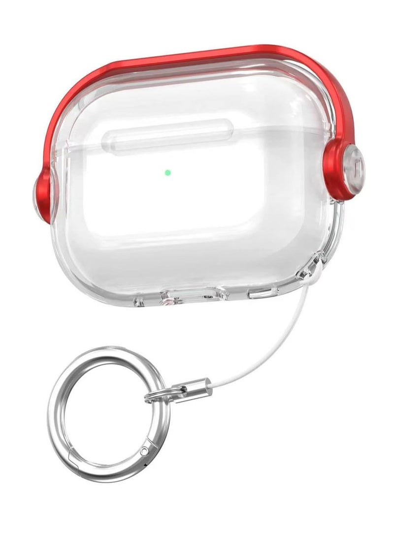 Protective Case for Airpods Pro 2nd (2022/2023) Cover Shockproof, Wireless Charging Case with Safety Lock and Keychain, Anti-Fall Protective Cover (Clear - Red)