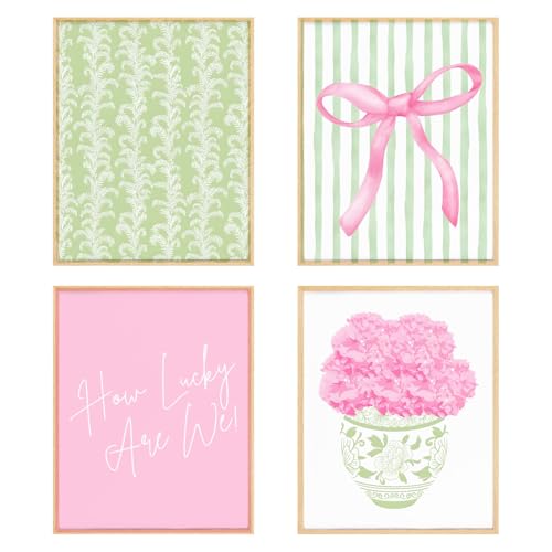 BRRNYOI Coquette Pink Bow Hydrangea Floral Wall Art Posters Set of 4, Grandmillennial Home Decor, Sage Green Botanical Flower Canvas Prints Wall Decor for Bedroom Living Room, 8x10 Unframed - Image 1
