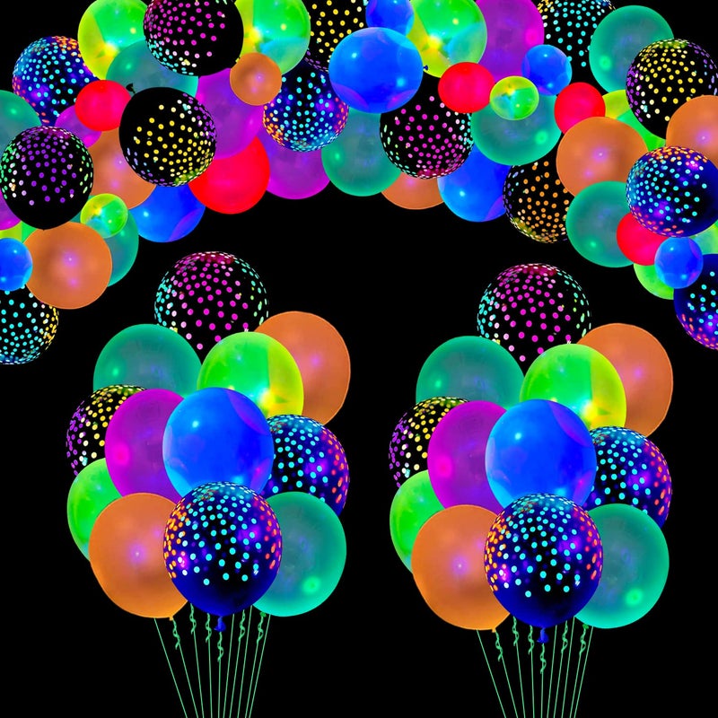 LKITMIUT 109 Pack UV Neon Balloons Light Up Balloons Glow in The Dark Balloons Blacklight Reactive Fluorescent Polka Dot Latex Balloons Neon Party Supplies Black Lights For Glow Party Balloons Assorted Colors - Image 1