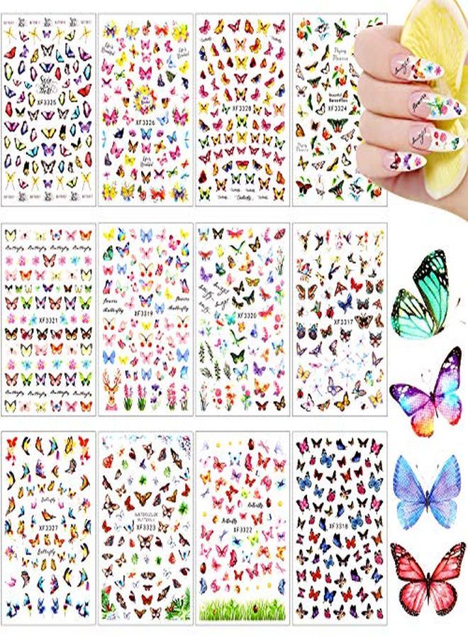 Blulu 24 Sheets Butterfly Nail Art Stickers Colorful Butterfly Flower Nail Stickers Mixed Design SelfAdhesive Nail Decals Butterfly Manicure Sticker For Women Girl Nail Decorations 12 Styles  - Image 1
