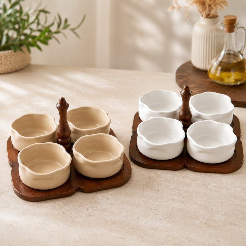 4-piece wavy porcelain snack set with a wooden stand