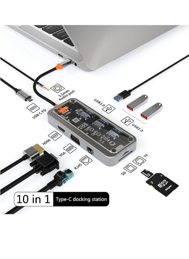 Zeemey - USB C Hub 10 in 1 Type C Hub Multport Adapter Compatible with 100W Pd+4K HDMI+USB3.0+USB2.0*2+SD+TF+100W RJ45+1080P VGA+AUDIO3.5mm - Image 1