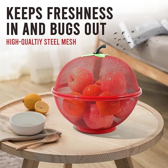 VAUGHN Apple Shaped Fruit Basket with Lid Cover Metal Wire Container for Kitchen Food Vegetable Storage Holder Mesh Bowl Strainer Covered Counter Fruits Drain (Red Basket) - Image 2