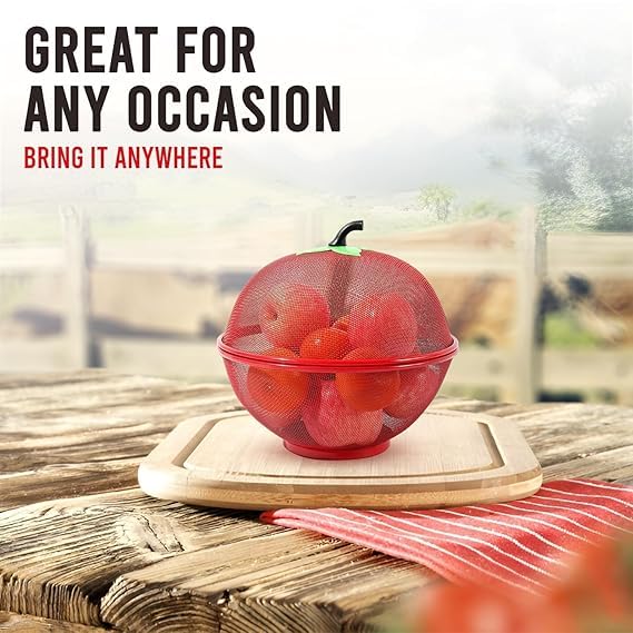 VAUGHN Apple Shaped Fruit Basket with Lid Cover Metal Wire Container for Kitchen Food Vegetable Storage Holder Mesh Bowl Strainer Covered Counter Fruits Drain (Red Basket) - Image 5