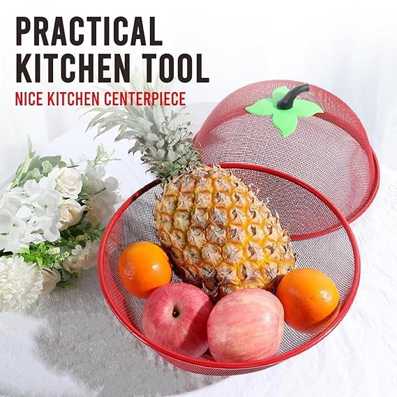 VAUGHN Apple Shaped Fruit Basket with Lid Cover Metal Wire Container for Kitchen Food Vegetable Storage Holder Mesh Bowl Strainer Covered Counter Fruits Drain (Red Basket) - Image 4