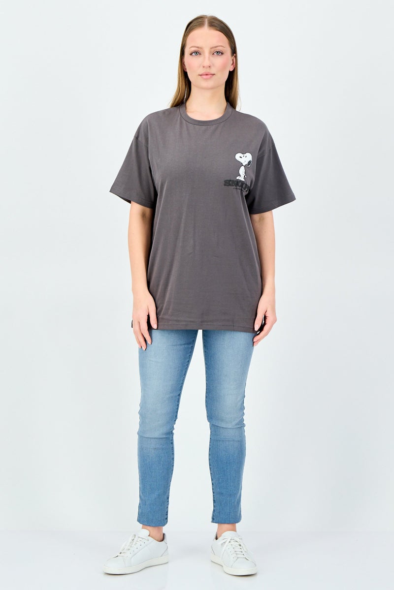 Peanuts Snoopy Women Crew Neck Short Sleeve Graphic Print T-Shirt, Charcoal Grey - Image 3