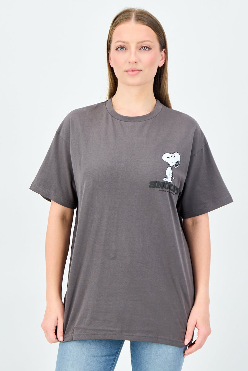 Peanuts Snoopy Women Crew Neck Short Sleeve Graphic Print T-Shirt, Charcoal Grey - Image 1
