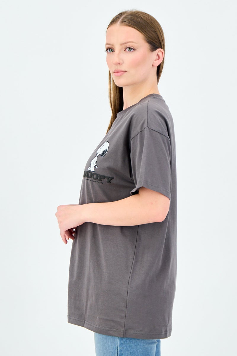 Peanuts Snoopy Women Crew Neck Short Sleeve Graphic Print T-Shirt, Charcoal Grey - Image 4