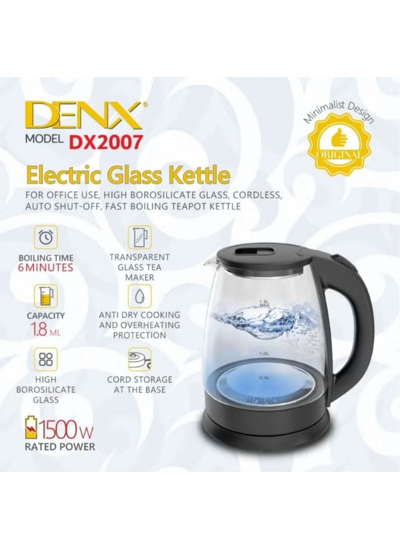 Denx 1.8L 1500W Rapid Boiling Electric Glass Kettle - Image 5