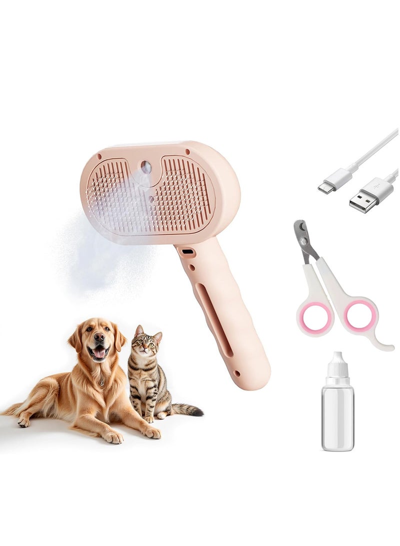 3 in 1 Pet Grooming Brush with Steam and Spray - Hair Removal Comb for Dogs and Cats with Water Tank and Mist Release Stainless Steel Teeth and Ergonomic Handle for Shedding and Grooming, with Cat Nail Clipper(Pink) - Image 1
