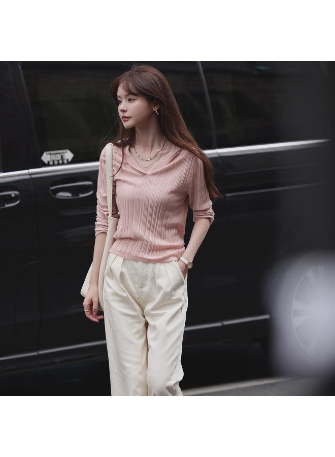 Mt Striped Texture Hooded Knit Sweater Women'S Autumn Casual Pullover Long Sleeve Sweater - Image 5