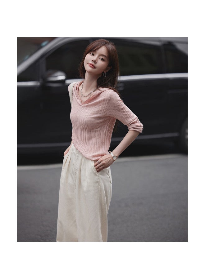 Mt Striped Texture Hooded Knit Sweater Women'S Autumn Casual Pullover Long Sleeve Sweater - Image 3