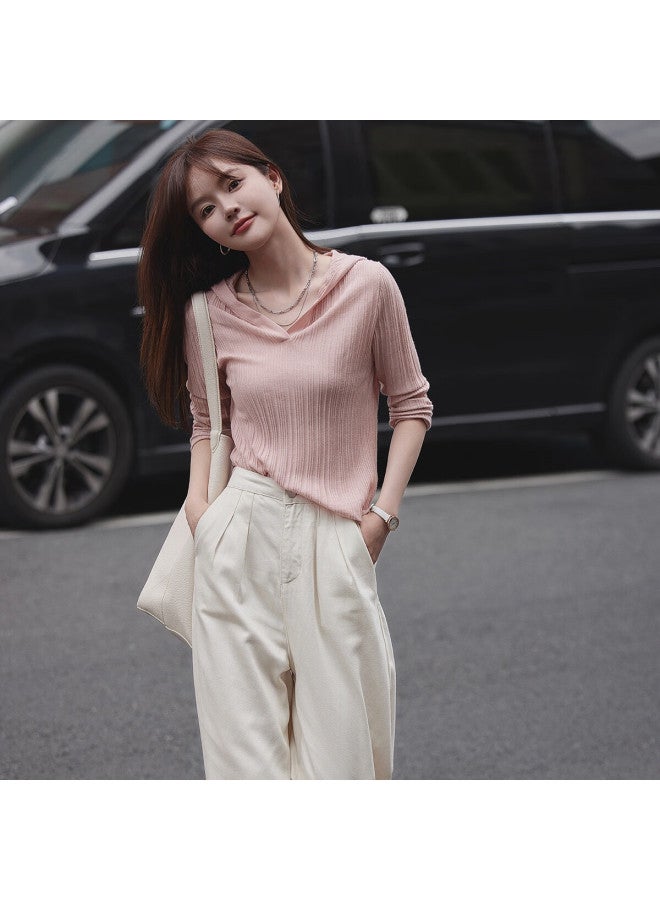 Mt Striped Texture Hooded Knit Sweater Women'S Autumn Casual Pullover Long Sleeve Sweater - Image 1