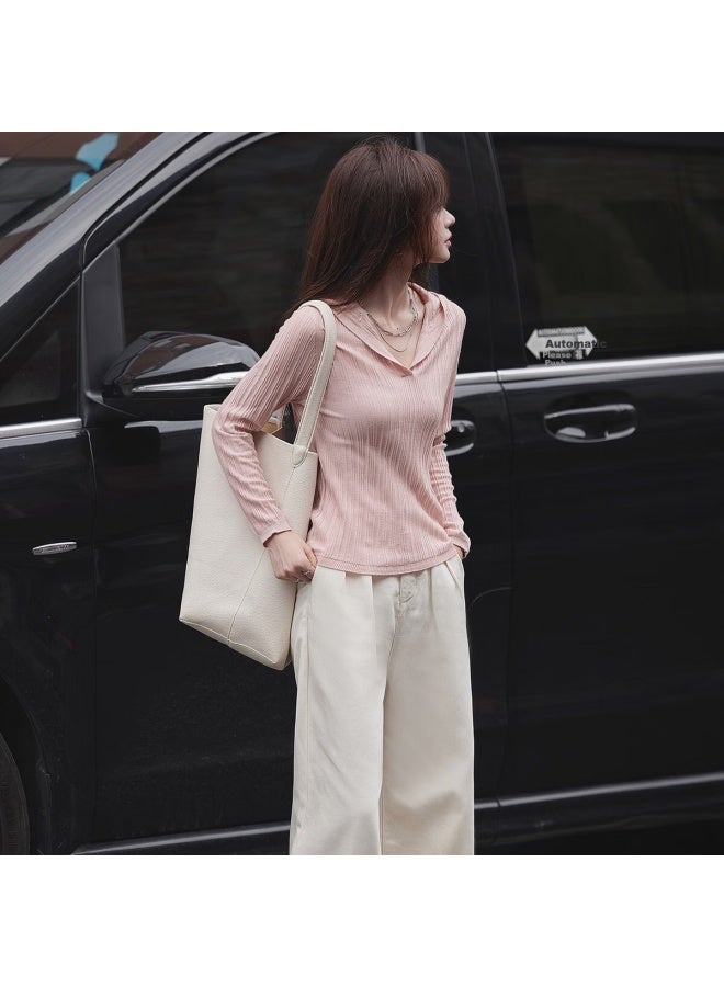 Mt Striped Texture Hooded Knit Sweater Women'S Autumn Casual Pullover Long Sleeve Sweater - Image 4