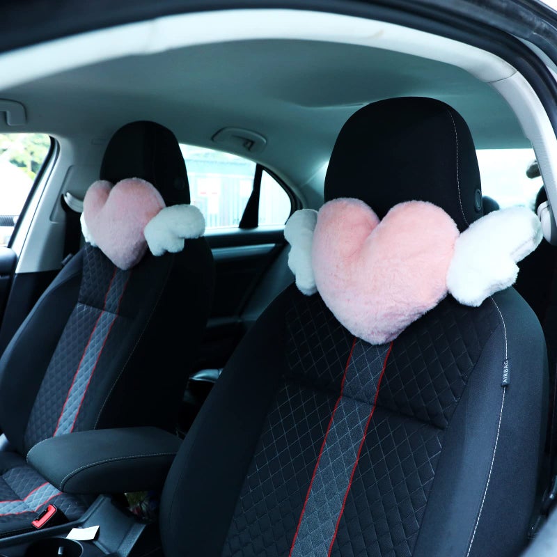 Macarrie 2 Pcs Plush Heart Shaped Pillow with Angel Wings Car Headrest Soft Comfortable Car Seat Pillow for Driving Travelling Room Office Car Decor 197 x 83 InchPink