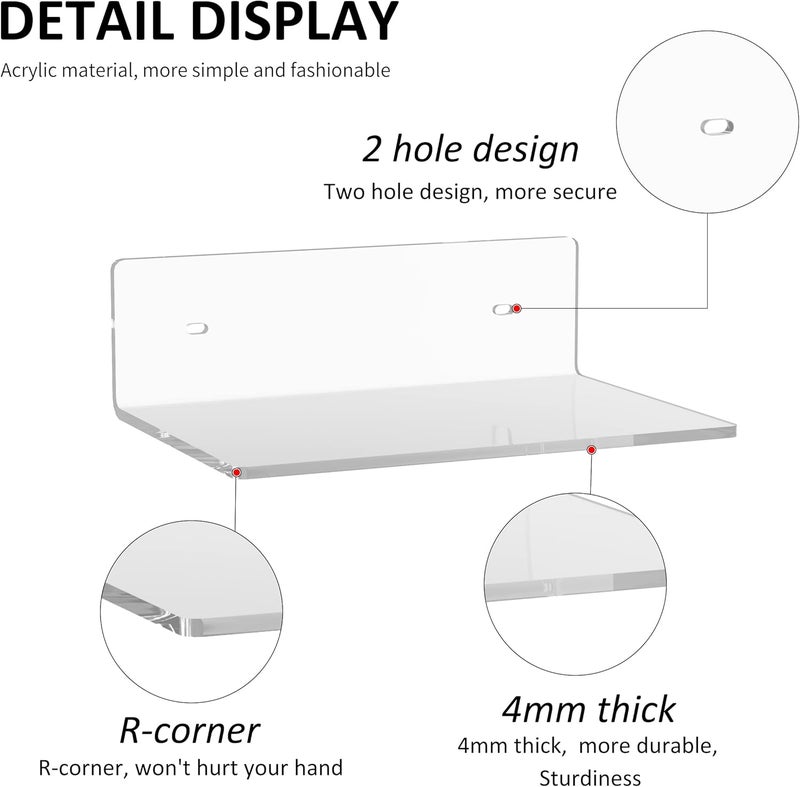 Sezanrpt 9 Inches Acrylic Wall Shelves 2 Pack, Floating Shelf for Wall Mounting, Acrylic Display Ledges for Funko Pop Figures, Home Décor, Living Room, Gaming Room, Plants(9 inch, Clear) - Image 4