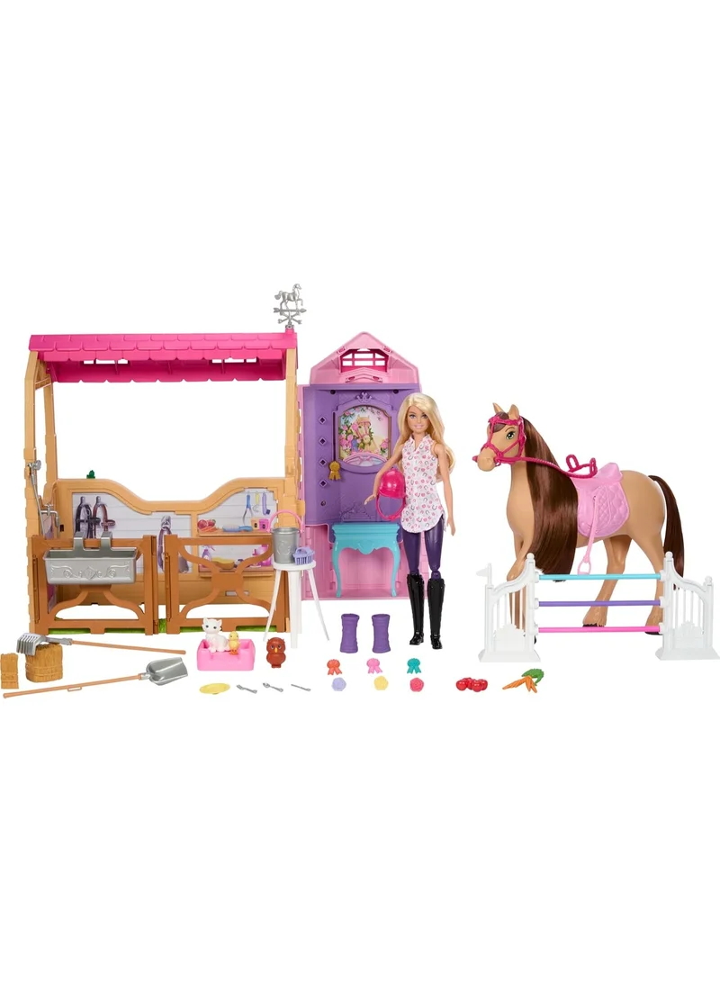 Barbie Toy Stable Playset with Doll, Horse & Accessories, 25+ Pieces with 6 Areas of Play, Inspired by Barbie Mysteries: The Great Horse Chase, HXJ44