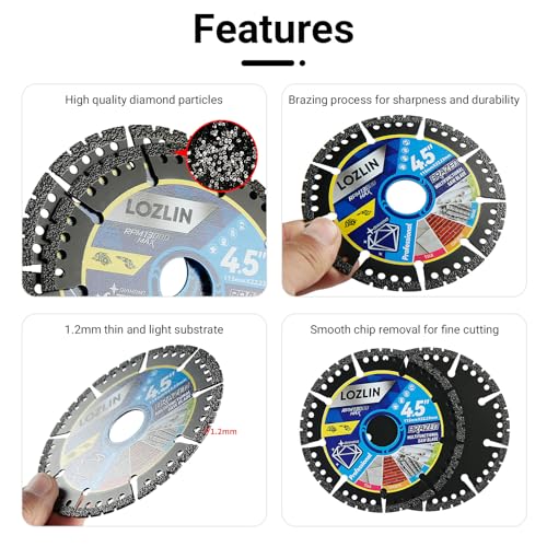 LOZLIN Diamond Blades 5-Pack 4.5" Diamond Multi-Purpose Saw Blades - Heavy Duty Angle Grinder Discs for Cutting Marble/Quartz/Stone/Tile/Metal/Plastic (Black Teeth, 5) - Image 3