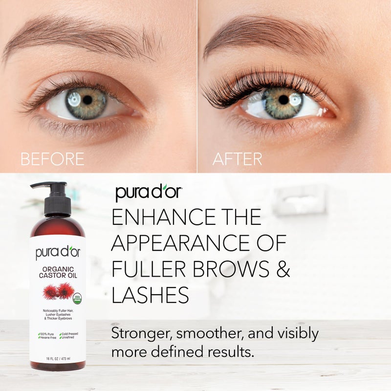 PURA D'OR 16 Oz Organic Castor Oil â€“ Pure Cold-Pressed Hexane-Free USDA Certified â€“ Lashes Brows Hair Scalp Skin â€“ Botanical Moisturizer for Softness Strength Hydration Shine Radiance â€“ Bulk Size - Image 3
