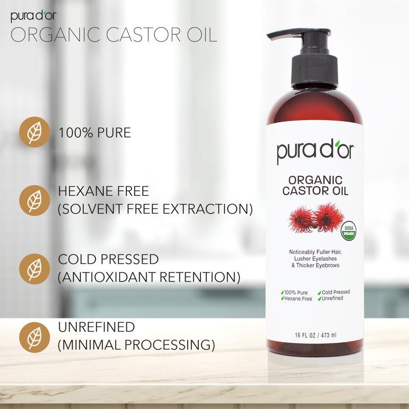 PURA D'OR 16 Oz Organic Castor Oil â€“ Pure Cold-Pressed Hexane-Free USDA Certified â€“ Lashes Brows Hair Scalp Skin â€“ Botanical Moisturizer for Softness Strength Hydration Shine Radiance â€“ Bulk Size - Image 5