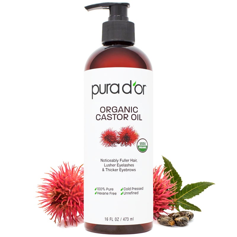 PURA D'OR 16 Oz Organic Castor Oil â€“ Pure Cold-Pressed Hexane-Free USDA Certified â€“ Lashes Brows Hair Scalp Skin â€“ Botanical Moisturizer for Softness Strength Hydration Shine Radiance â€“ Bulk Size - Image 1