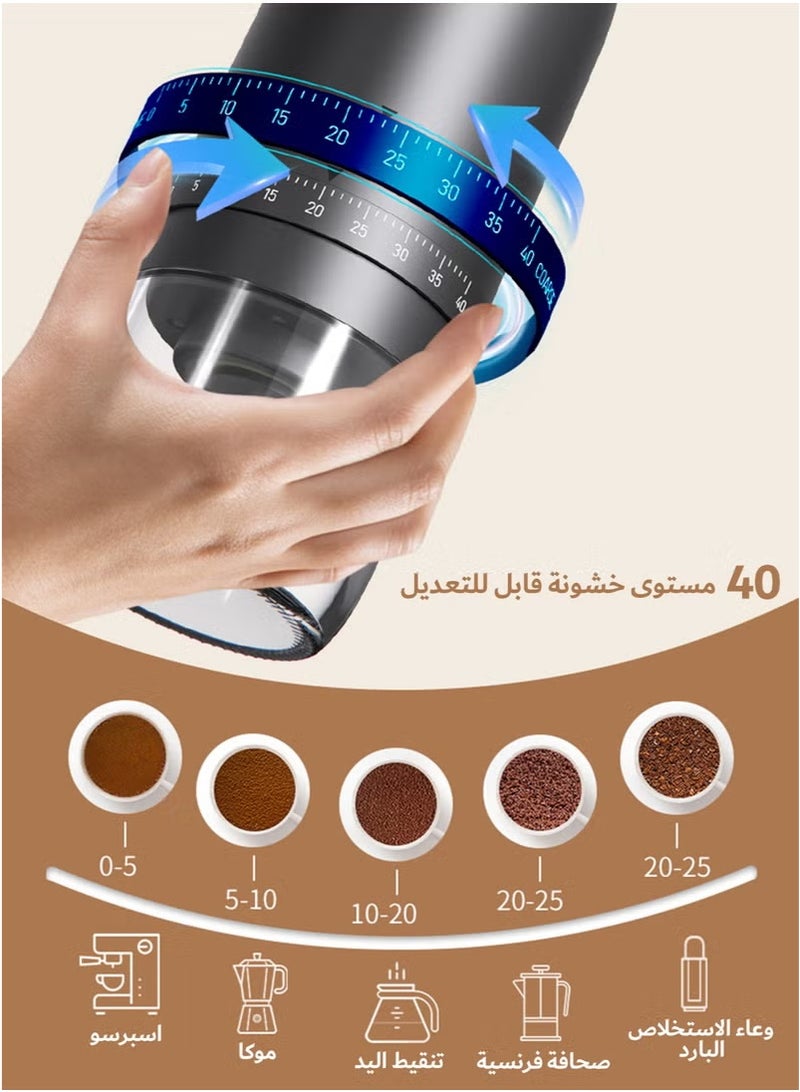 طاحونة القهوة المحمولة V60 بحلقة بير مع 40 إعدادًا قابلًا للتعديل وسعة 35 جرام وبطارية قابلة للشحن بسعة 1800mAh وبحر زر كيراميكي، للسفر والتخييم والمكاتب والاسبريسو - Image 2