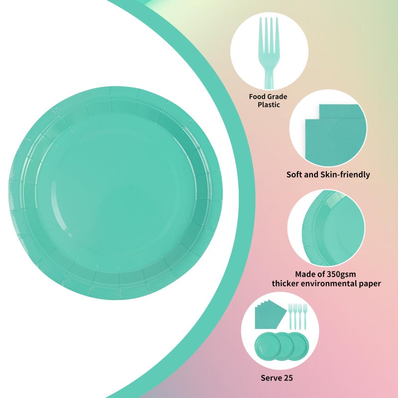EVYIENEN 75Pcs Green Paper Plates and Napkins Party Supplies Set Green Disposable Plates Party Supplies Includes Paper Napkins Forks Decorations for Birthday Wedding Christmas Serves 25 - Image 2