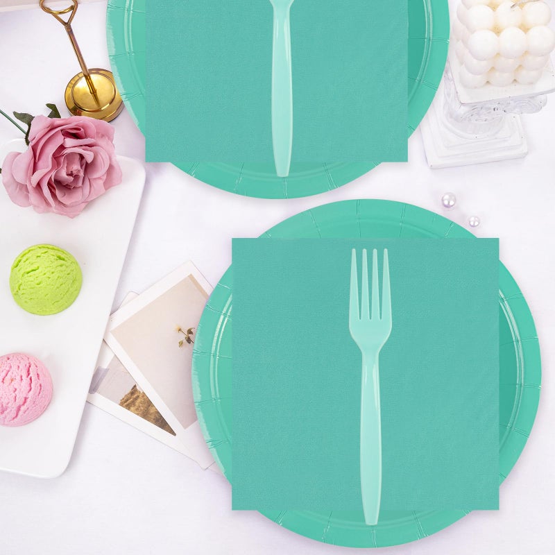 EVYIENEN 75Pcs Green Paper Plates and Napkins Party Supplies Set Green Disposable Plates Party Supplies Includes Paper Napkins Forks Decorations for Birthday Wedding Christmas Serves 25 - Image 3
