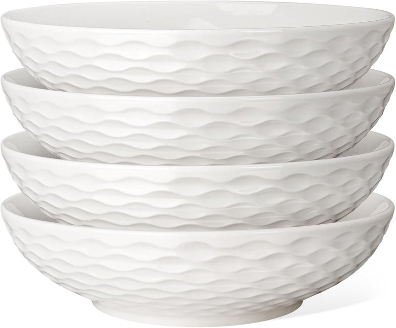 Artena Pasta Bowls 32oz Ceramic Large Salad Bowls Set Serving Bowl of 4 for Soup Entertaining Pasta Noodle Dinner Wide Shallow Microwave Dishwasher Safe 8 inch Embossed Wave - Image 1