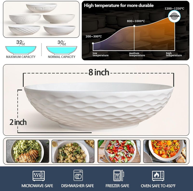 Artena Pasta Bowls 32oz Ceramic Large Salad Bowls Set Serving Bowl of 4 for Soup Entertaining Pasta Noodle Dinner Wide Shallow Microwave Dishwasher Safe 8 inch Embossed Wave - Image 2